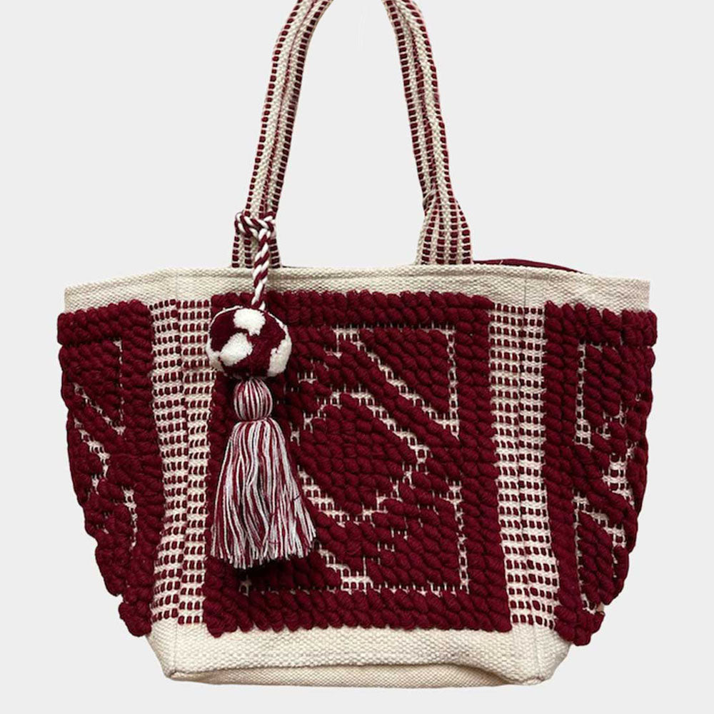 Madeline Love Burgundy Boho Pom Pom Tassel Shoulder Bag - Bags & Wallets