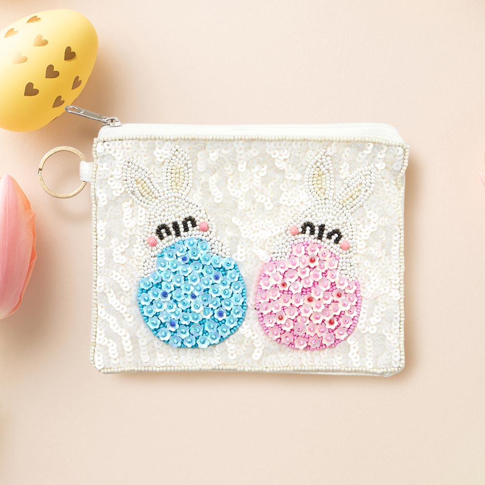 Madeline Love White Easter Bunny Flower Sequin Seed Beaded Mini Pouch Bag - Bags & Wallets