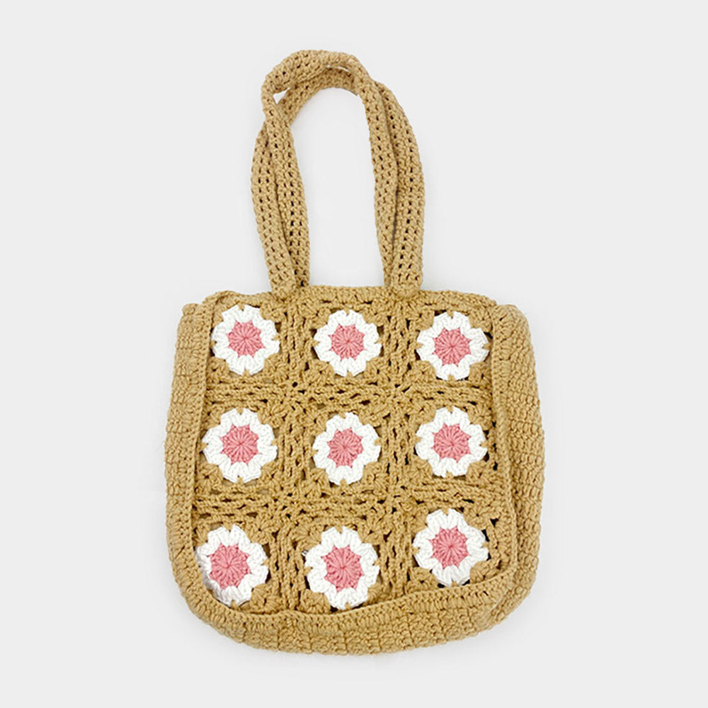 Madeline Love Brown Granny Square Flower Pattern Crochet Tote Bag - Bags & Wallets