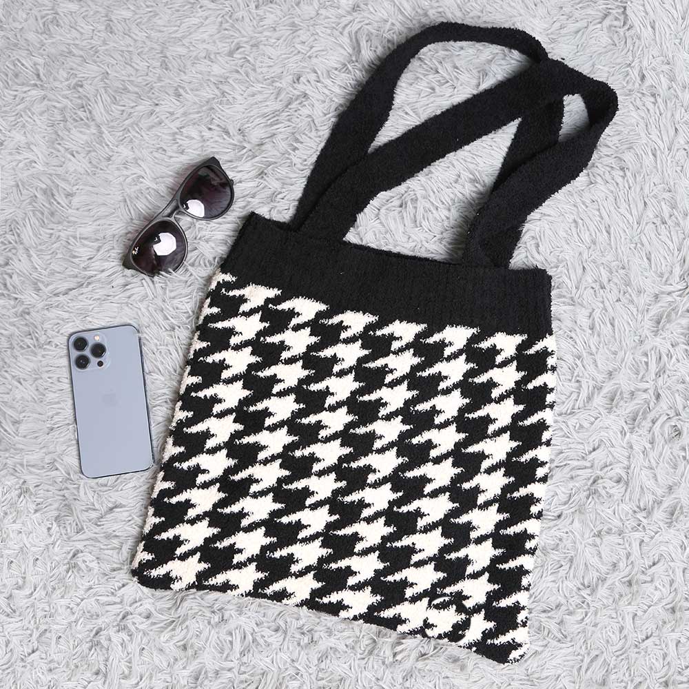 Madeline Love Black Houndstooth Knit Tote Bag - Bags & Wallets - desc