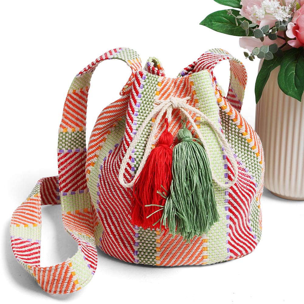 Madeline Love Green, Red Boho Tassel Bucket Shoulder Bag / Crossbody Bag - Bags & Wallets - extra