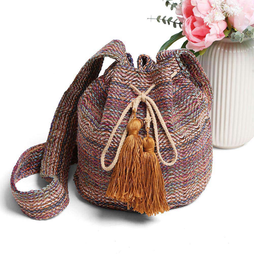 Madeline Love Khaki Boho Woven Tassel Bucket Shoulder Bag / Crossbody Bag - Bags & Wallets - extra