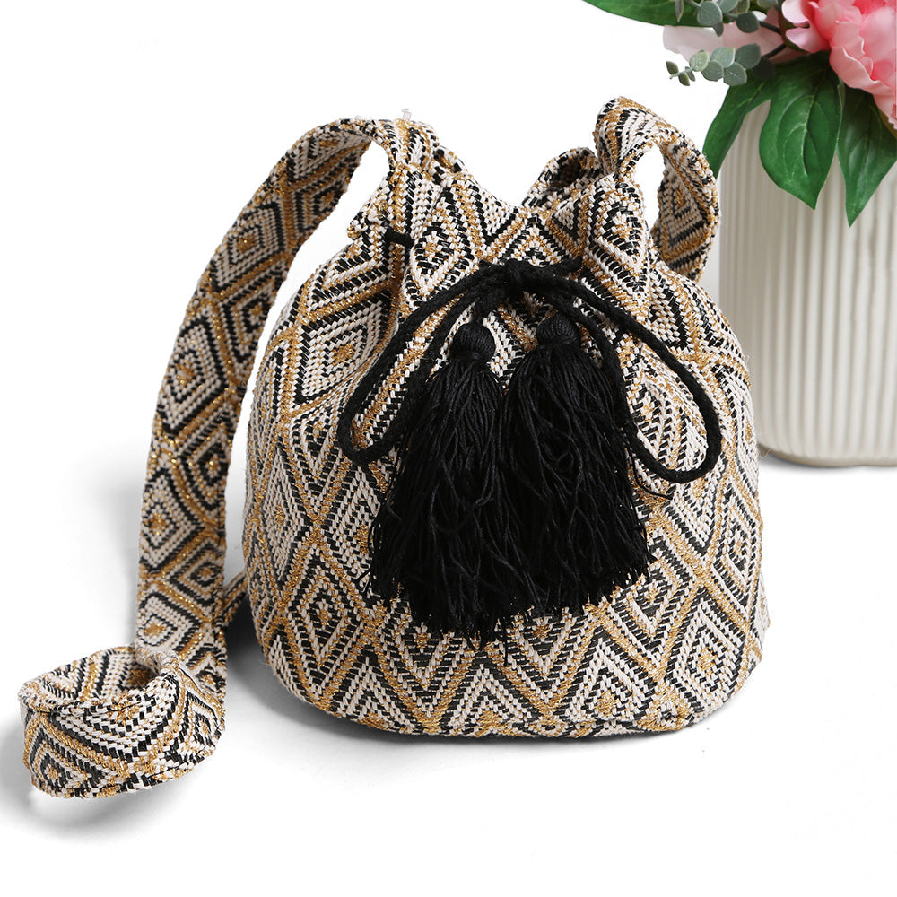 Madeline Love Black Boho Tribal Pattern Woven Tassel Drawstring Bucket Bag - Bags & Wallets - extra