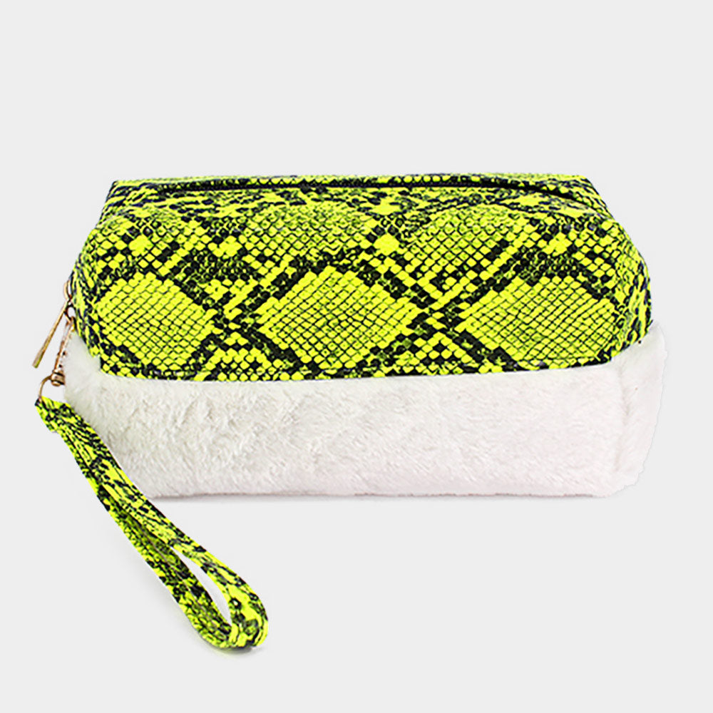 Madeline Love Neon, Yellow Snake Skin Patterned Faux Leather Soft Fur Wristlet Pouch Bag - Bags & Wallets