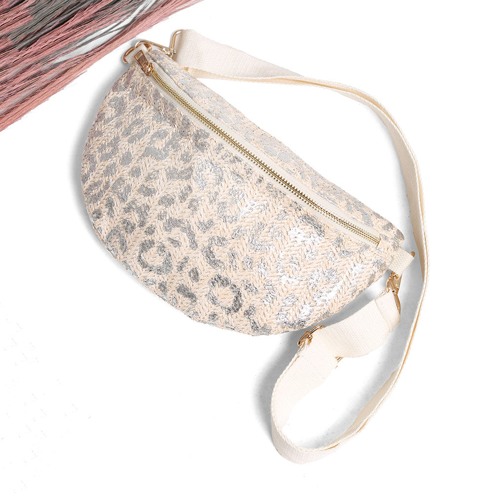 Madeline Love Silver Leopard Pattern Painted Embroidered Crossbody Belt Bag / Sling Bag / Fanny Pack - Bags & Wallets - desc