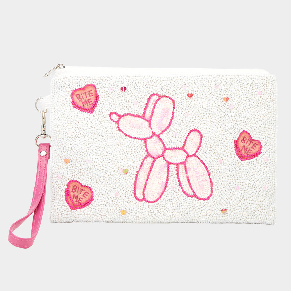 Madeline Love Pink Balloon Dog Heart Beaded Wristlet Clutch Bag - Bags & Wallets