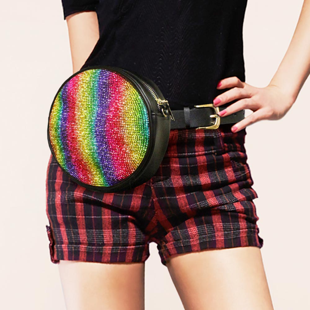 Madeline Love Multi Bling Rainbow Round Fanny Pack / Belt / Crossbody Bag - Bags & Wallets