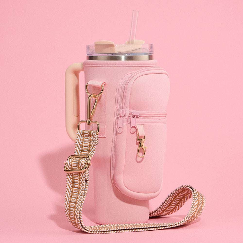 Madeline Love Light, Pink Solid Tumbler Carrier Holder Chevron Pattern Strap Crossbody Bag - Bags & Wallets