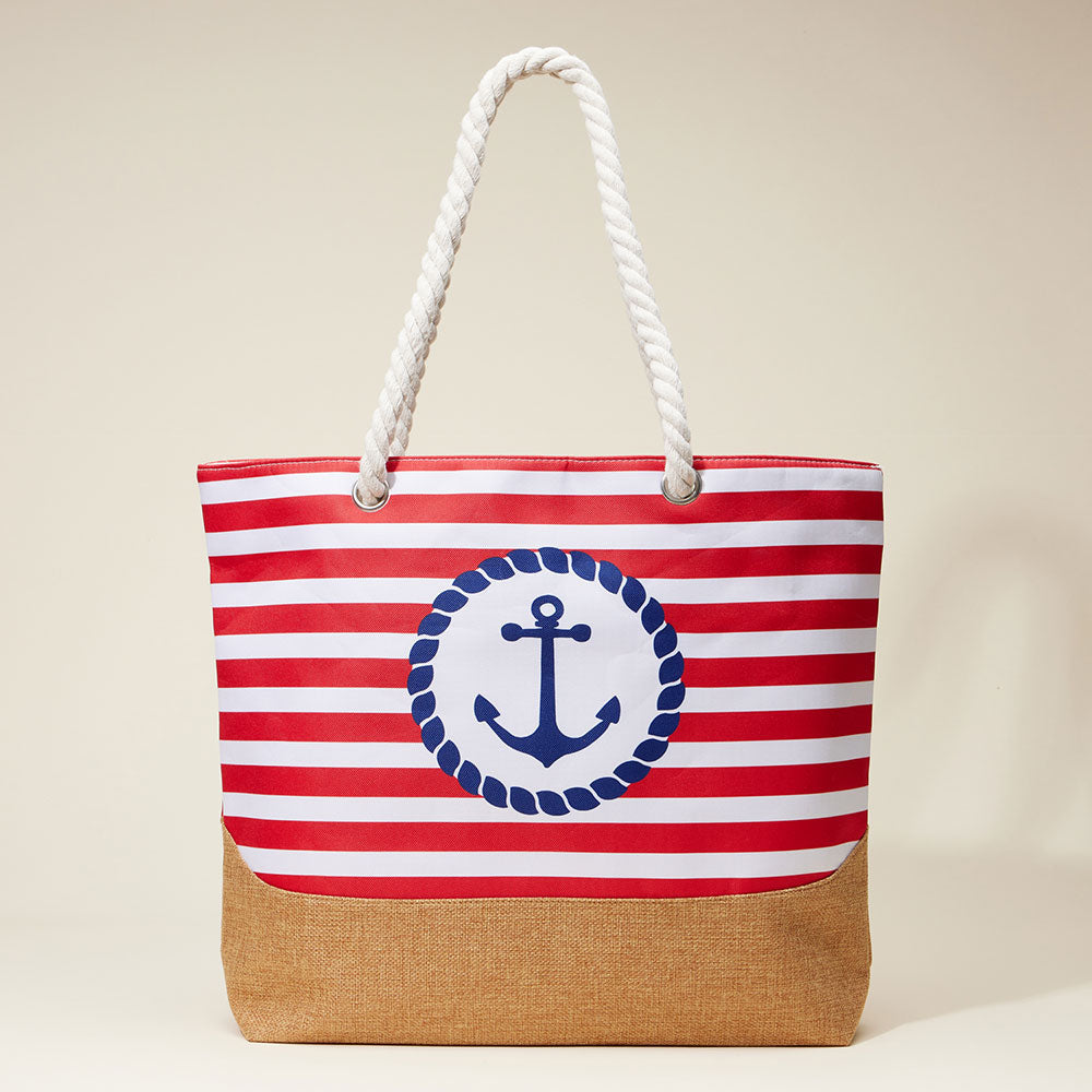 Red Anchor Printed Striped Rope Handle Beach Tote Bag