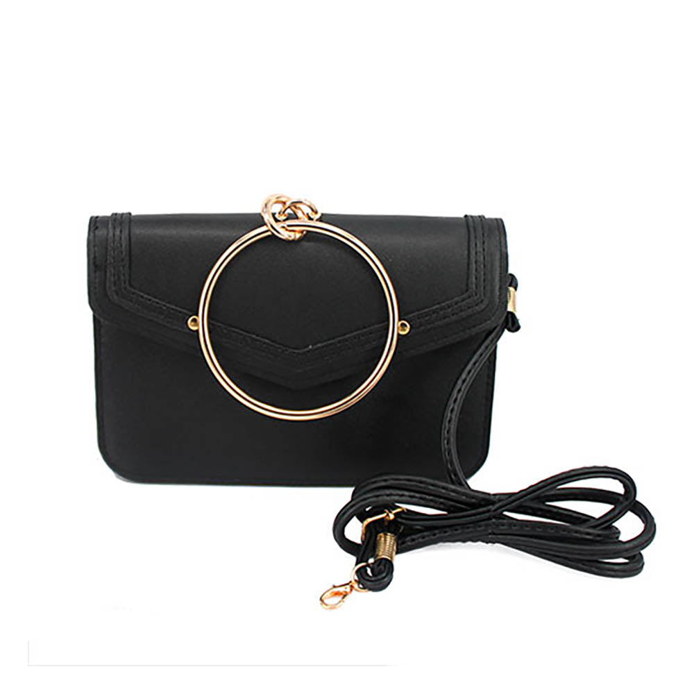 Madeline Love Black Metal Ring Handle Faux Leather Mini Envelope Clutch Bag / Crossbody Bag - Bags & Wallets - extra