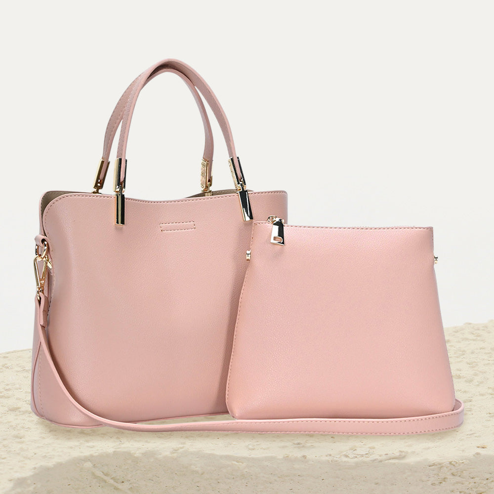 Madeline Love Pink 2PCS - Faux Leather Solid Tote / Crossbody Bags - Bags & Wallets