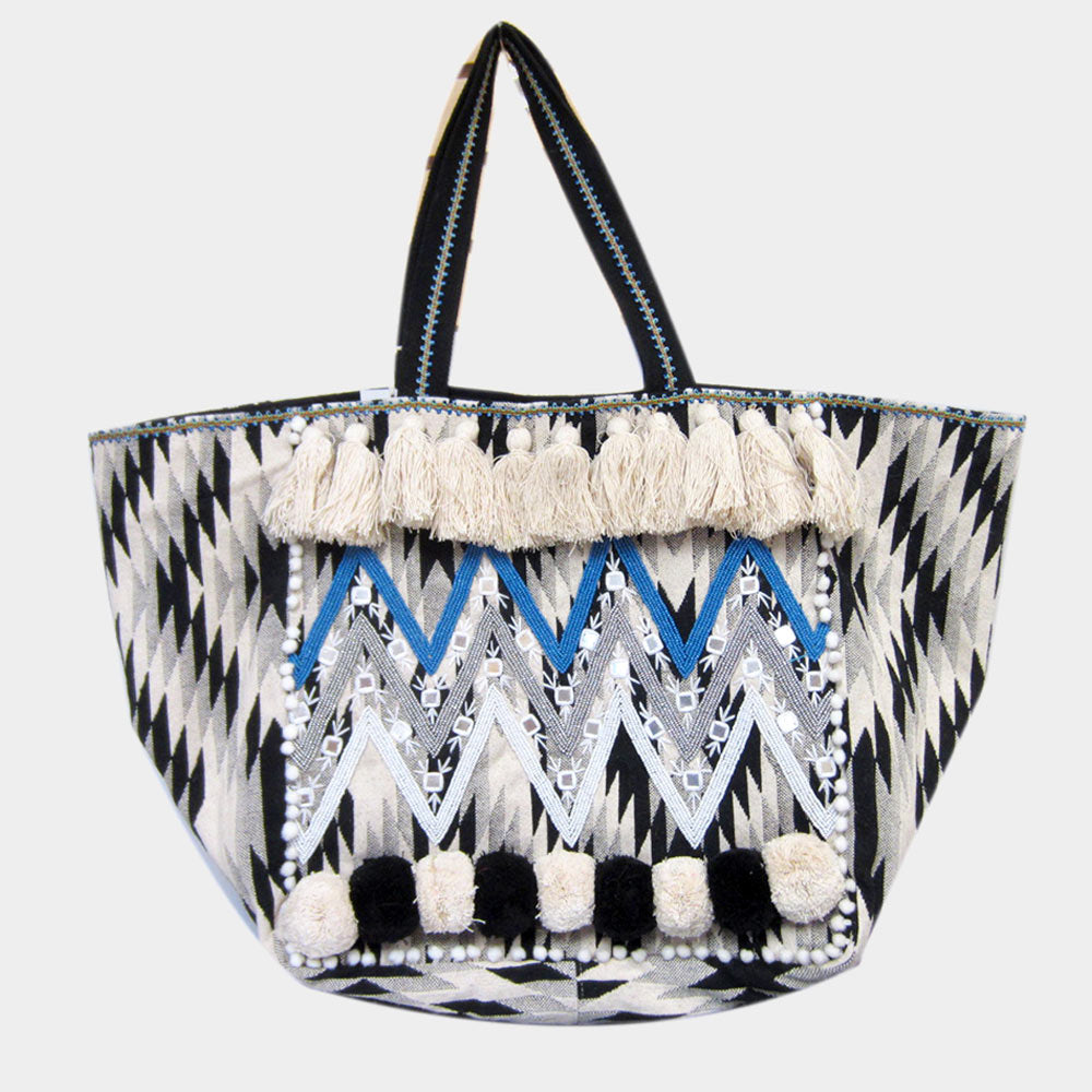 Madeline Love Blue Boho Seed Beaded Zigzag Chevron Detailed Pom Pom Tassel Shoulder Bag - Bags & Wallets