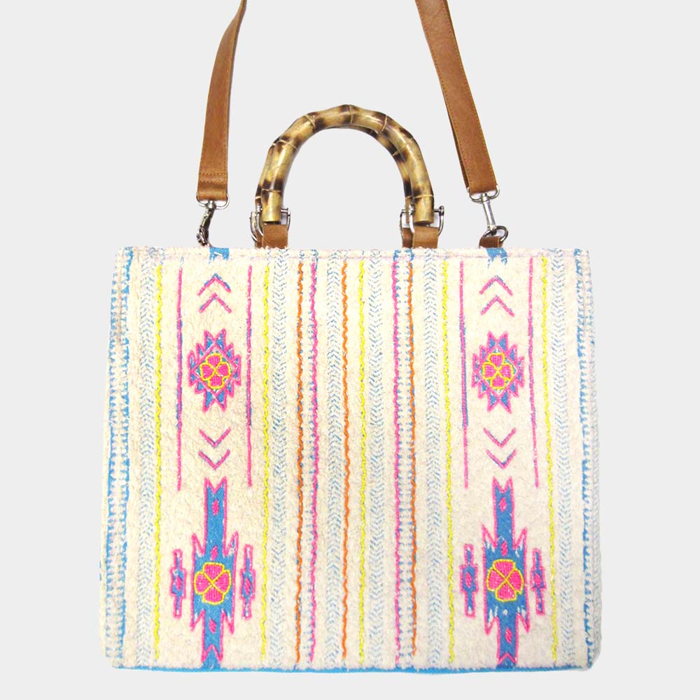 Madeline Love Beige Boho Wood Handle Tote / Crossbody Bag - Bags & Wallets