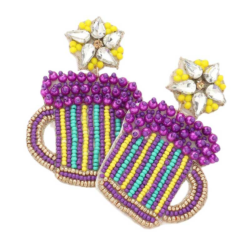 Felt Back Seed Beaded Mardi Gras Beer Dangle Earrings, are expertly designed to add a touch of festive elegance to any outfit. The intricate beadwork and soft felt backing provide both unique style and comfort. Perfect for Mardi Gras celebrations or anytime you want to make a statement. Show off your festive spirit.
