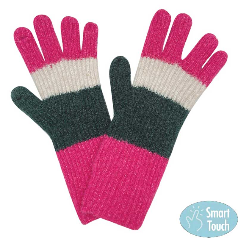 FUchsia Fuzzy Contrast Stripe Long Smart Touch Gloves, Keep your hands warm and comfortable with these. Made with premium fabric, they are designed to keep your hands warm while still allowing for full fingertip control of tablets and phones. The extra-long length ensures that your wrists are also protected from the cold.