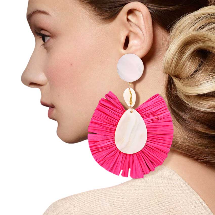 Fuchsia Puka Shell Mother of Pearl Teardrop Raffia Trimmed Earrings, adorn yourself with these teardrop raffia trimmed earrings! puka shell mother-of-pearl teardrop earrings go perfectly with a t-shirt, summer dress or work clothes, beach party, and many more.