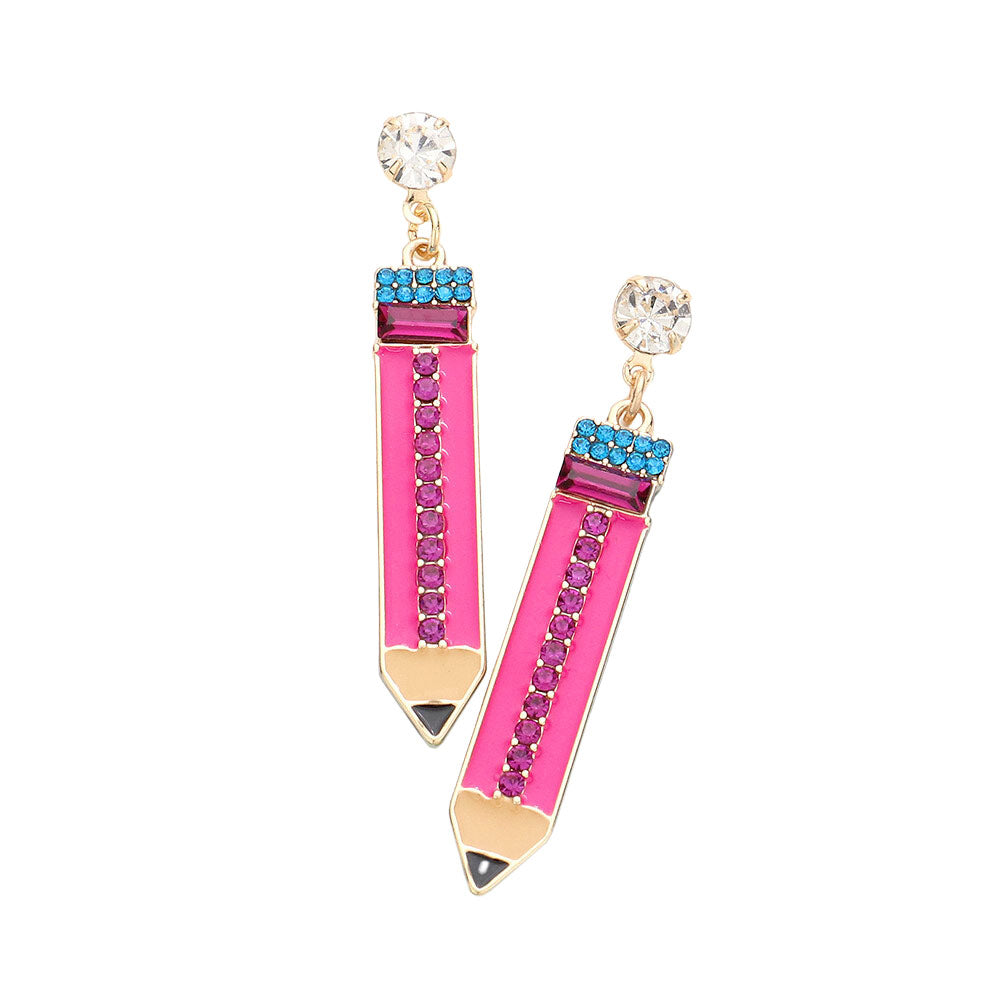 Fuchsia Rhinestone Embellished Enamel Pencil Earrings, turn your ears into a chic fashion statement with these Rhinestone Pencil earrings! These pencil dangle earrings are very lightweight and comfortable, you can wear these for a long time on special occasions. The beautifully crafted design adds a gorgeous glow to any outfit.