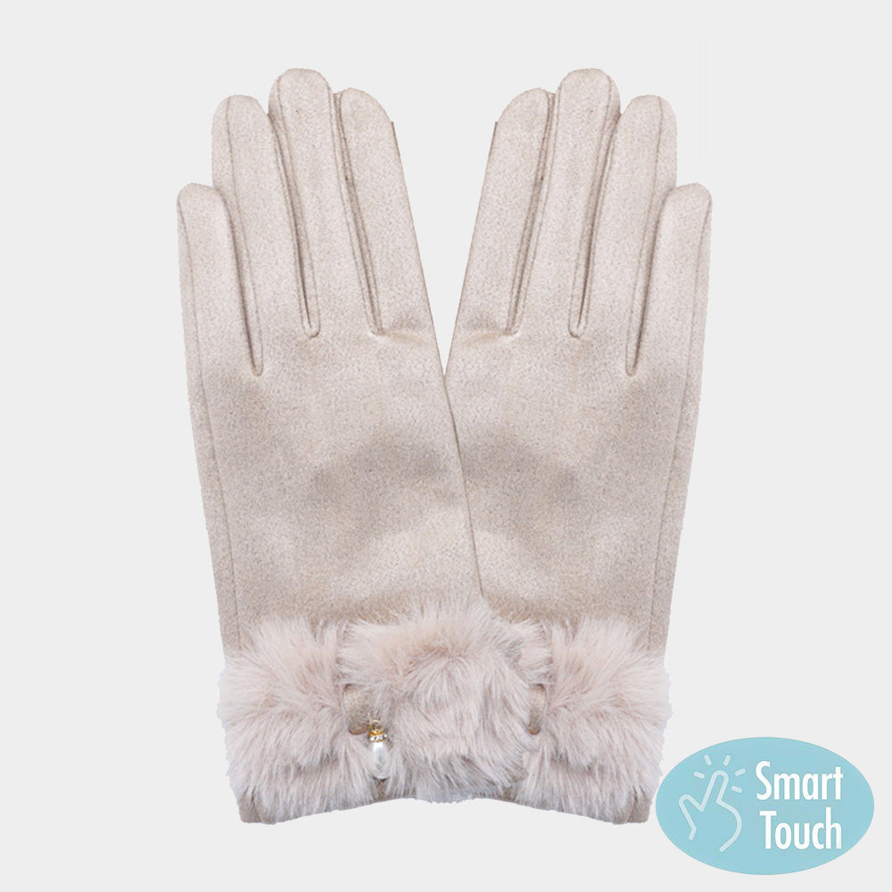 Beige Pearl Pointed Fuzzy Bow Accented Smart Touch Gloves