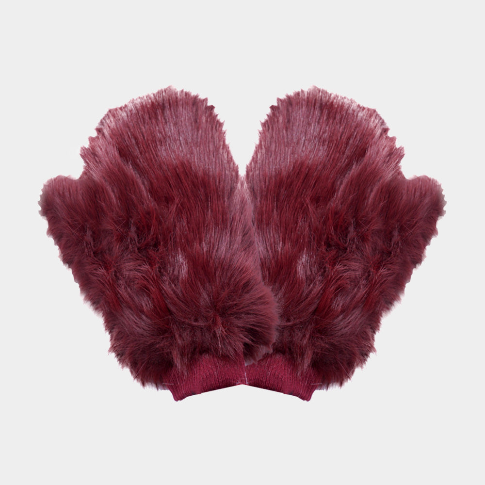 Burgundy Faux Fur Mitten Gloves