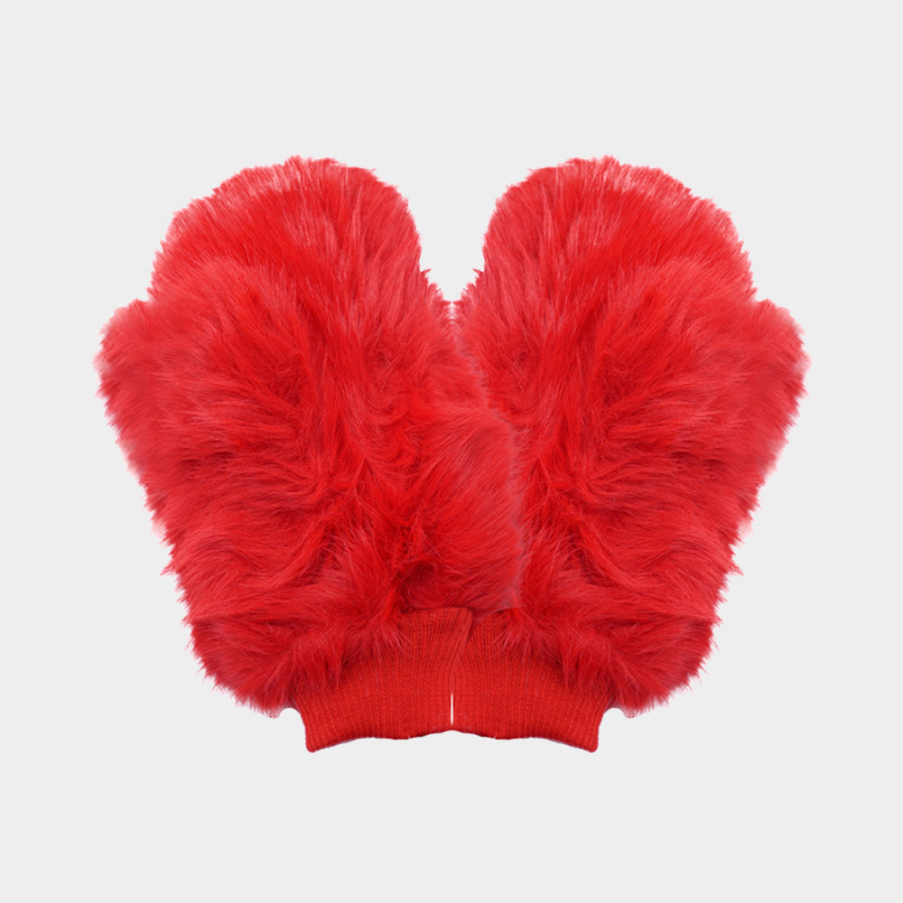 Red Faux Fur Mitten Gloves