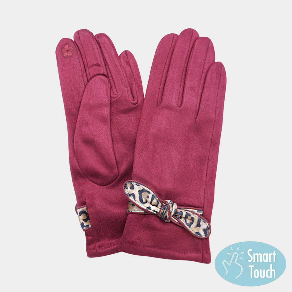 Madeline Love Burgundy Leopard Pattern Bow Accent Smart Touch Gloves - Jewelry