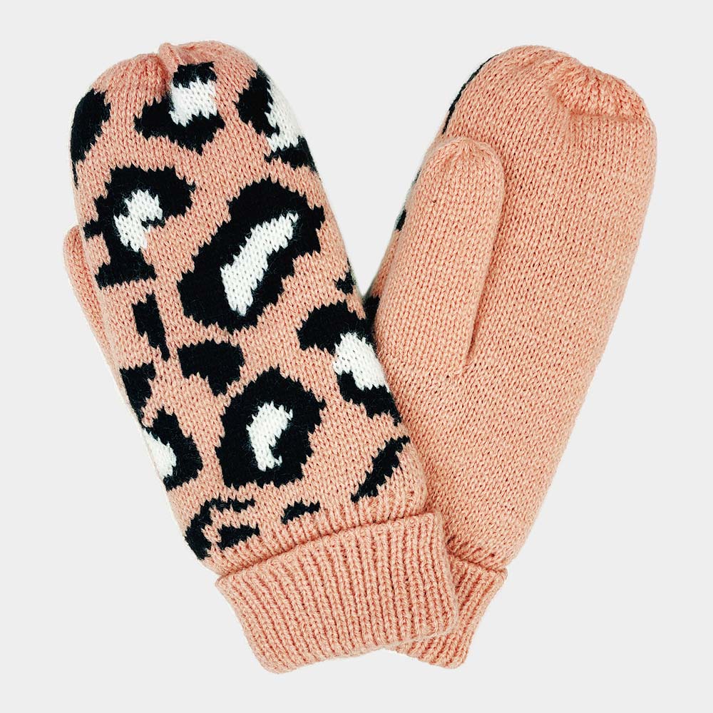 Pink Leopard Patterned Mitten Fleece Lining Gloves