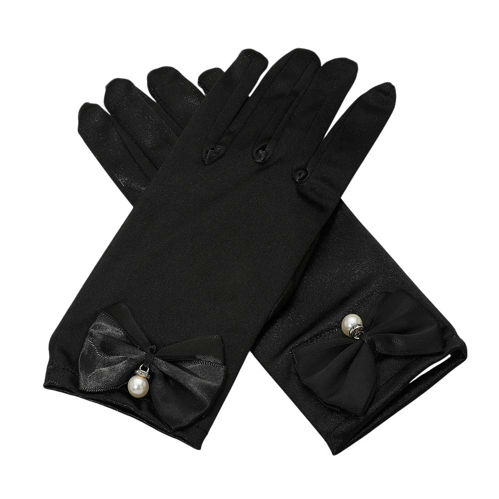 Madeline Love Black Dressy Satin Feel Pearl Charm Bow Accent Gloves - Wedding & Bridal - extra