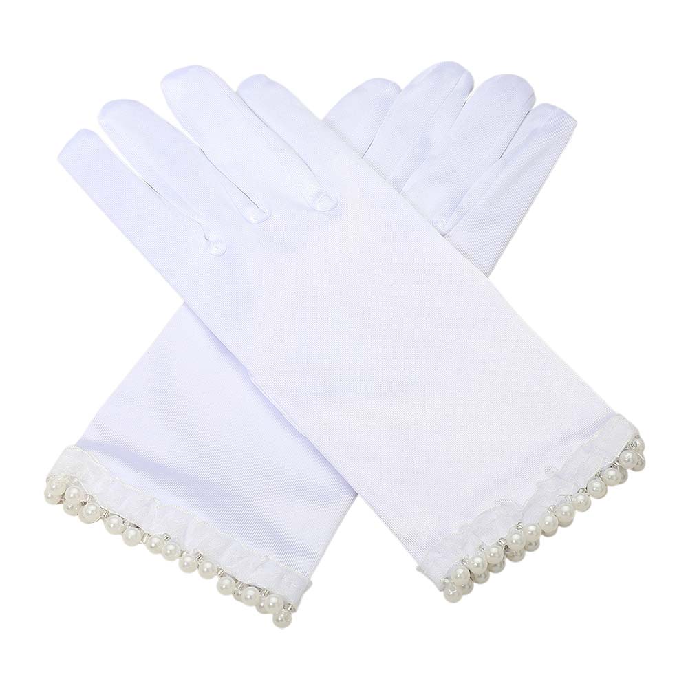 White Elegant satin-style gloves featuring delicate lace and pearl trim at the cuffs. A refined accessory ideal for formal events, evening wear, or special occasions. Comfortable and stylish for a polished finish.