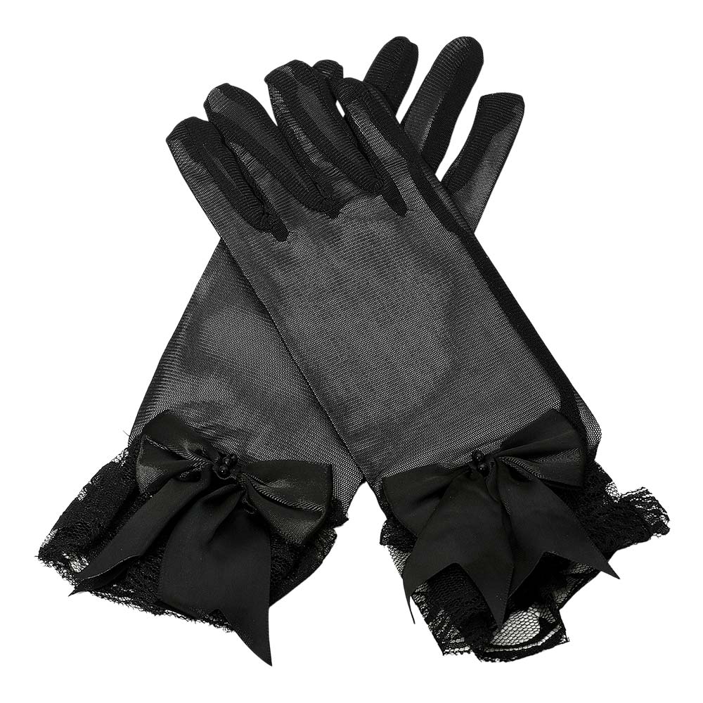 Madeline Love Black Dressy Sheer Lace Satin Bow Trim Gloves - Wedding & Bridal - extra