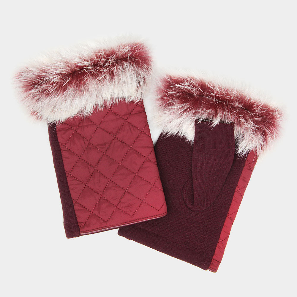 Burgundy Quilted Fingerless Fur Gloves