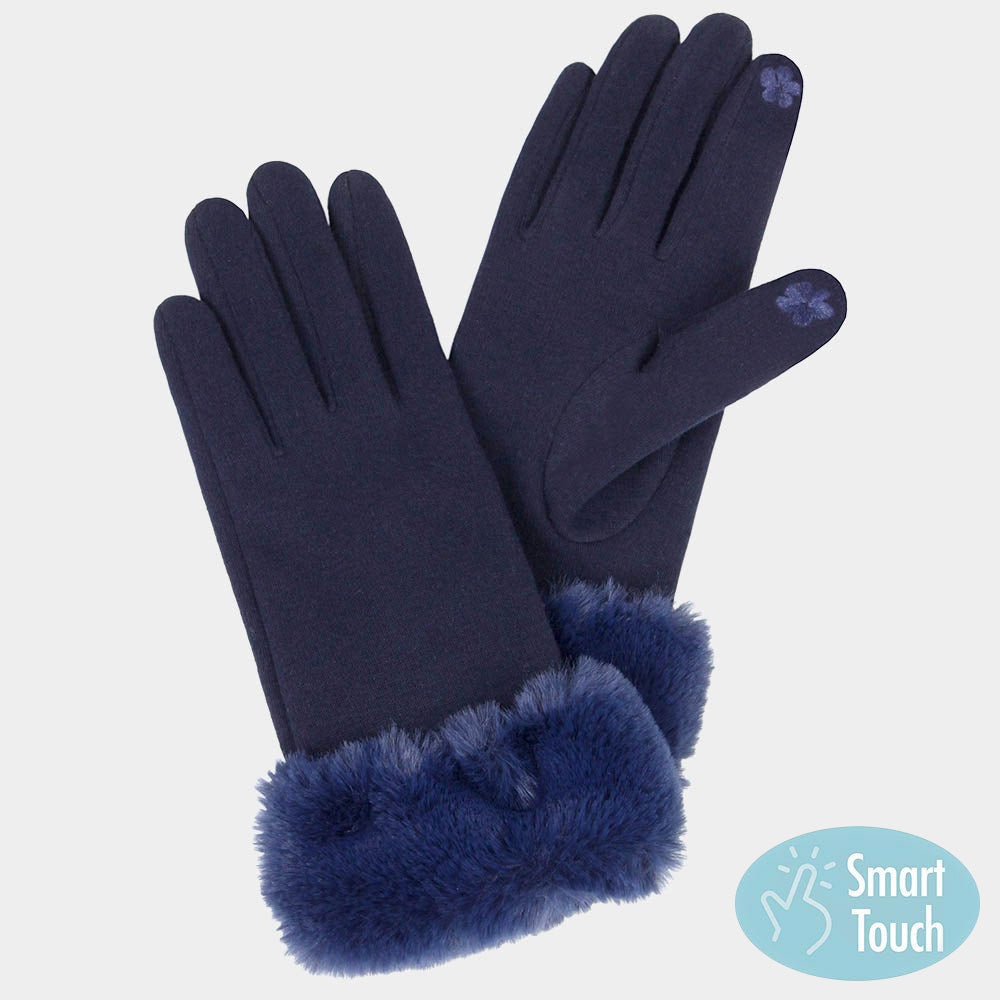 Navy FAUX FUR WRIST SMART GLOVES