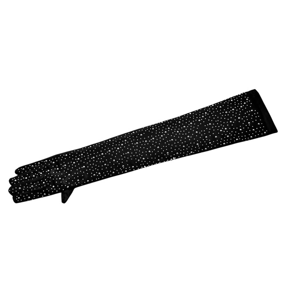 Madeline Love Black Stone Embellished Dressy Satin Opera Length Wedding Gloves - Wedding & Bridal - desc