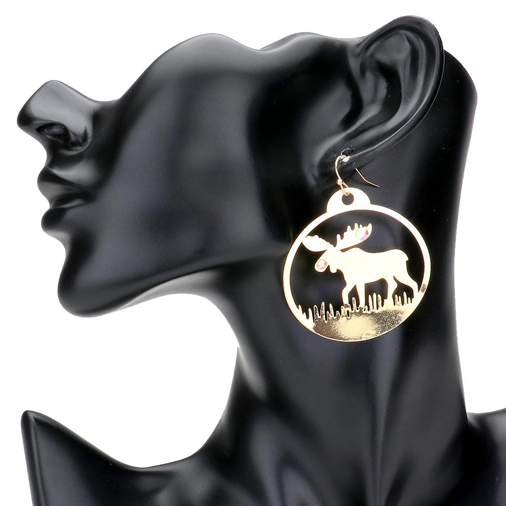 Gold--Stone Embellished Rudolph Accented Brass Metal Round Dangle Earrings, Add a touch of festive charm to any outfit. Made with high-quality brass metal and adorned with sparkling stones, these round dangle earrings are perfect for any occasion. The Rudolph accent adds a playful touch to the elegant design.