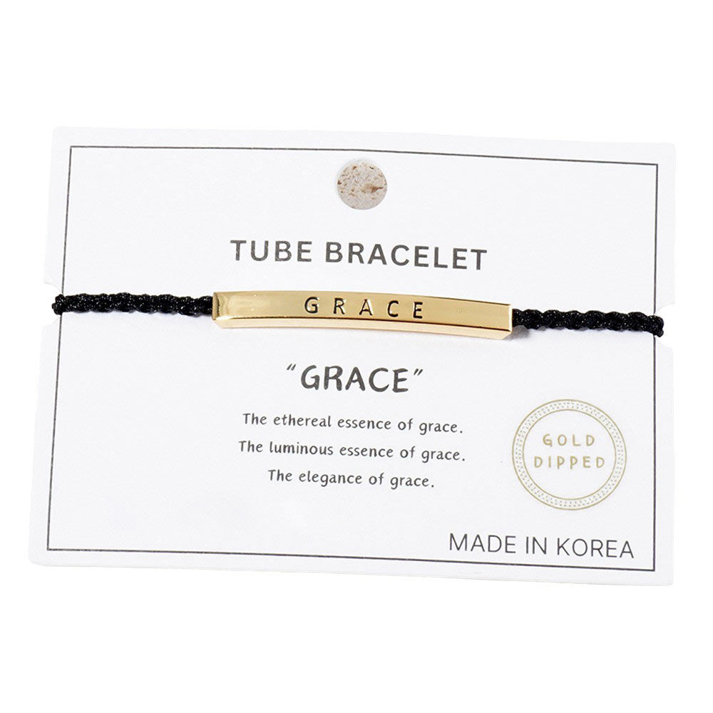 Gold-Dipped GRACE Message Bar Pointed Rope Adjustable Cinch Pull Tie Bracelet, Perfect accessory to elevate any outfit. Its adjustable cinch pull tie allows for a comfortable and secure fit, while the message bar adds a touch of inspiration. Made with high-quality materials and expert craftsmanship, this bracelet is a must-have for any fashion-forward individual.