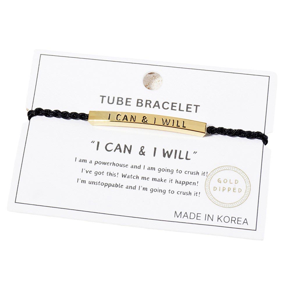 Gold-Dipped I CAN I WILL Message Bar Pointed Rope Adjustable Cinch Pull Tie Bracelet. This Pull Tie Bracelet is a stylish and versatile accessory that will remind you to stay motivated and positive. The adjustable cinch pull tie design allows for a perfect fit,while the dipped white gold adds a touch of elegance