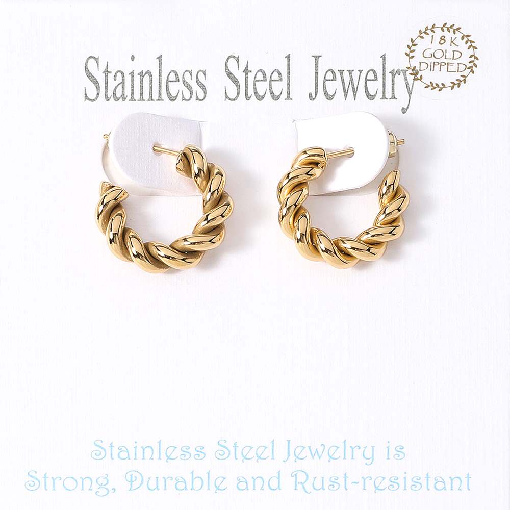 Gold 18K gold dipped stainless steel mini hoop earrings feature a unique twisted design, adding a touch of elegance to any outfit. The durable stainless steel material ensures long-lasting wear. Upgrade your jewellery collection with these stylish hoops.