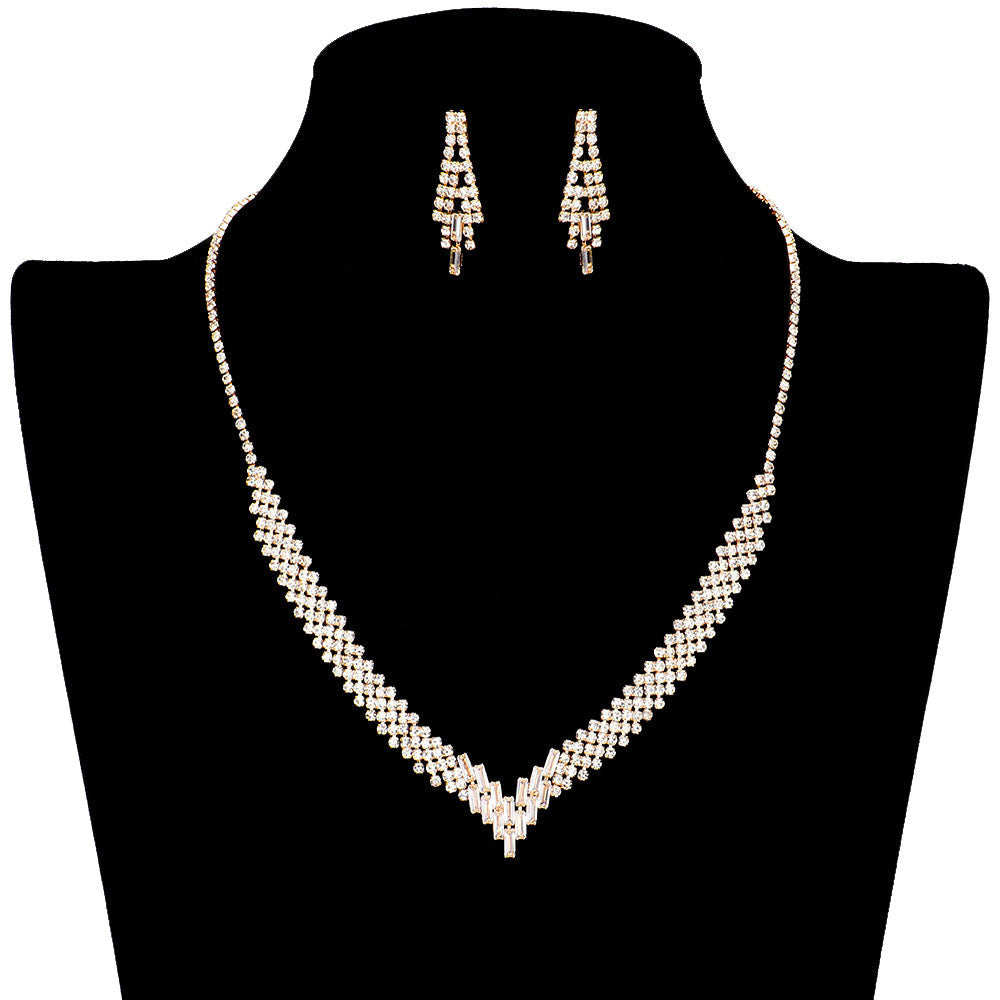 Gold CZ Baguette Stone Pointed V Shaped Jewelry Set, this CZ baguette jewelry set adds a touch of elegance to any look. This cz baguette jewelry set is the perfect addition to any outfit. Gift for birthdays, anniversaries, Mother's Day, Prom Jewelry, or any other meaningful occasion. Stay elegant on your special days.