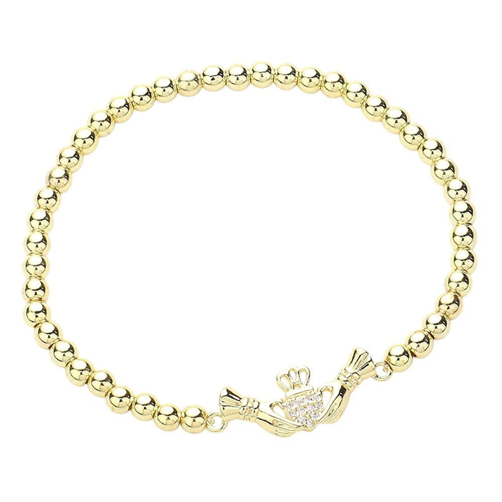 CZ Stone Paved Irish Claddagh Stainless Steel Ball Stretch Bracelet - Gold - Bracelets