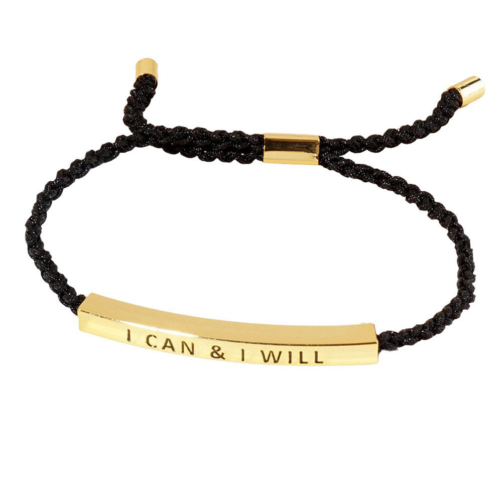 Gold-Dipped I CAN I WILL Message Bar Pointed Rope Adjustable Cinch Pull Tie Bracelet. This Pull Tie Bracelet is a stylish and versatile accessory that will remind you to stay motivated and positive. The adjustable cinch pull tie design allows for a perfect fit,while the dipped white gold adds a touch of elegance