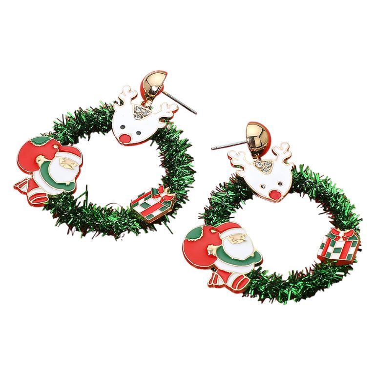 Bring holiday cheer to your look with these Christmas wreath earrings featuring playful Santa, reindeer, and gift details. Perfect for festive parties or seasonal celebrations, these statement earrings capture the joyful spirit of the season with whimsical charm.