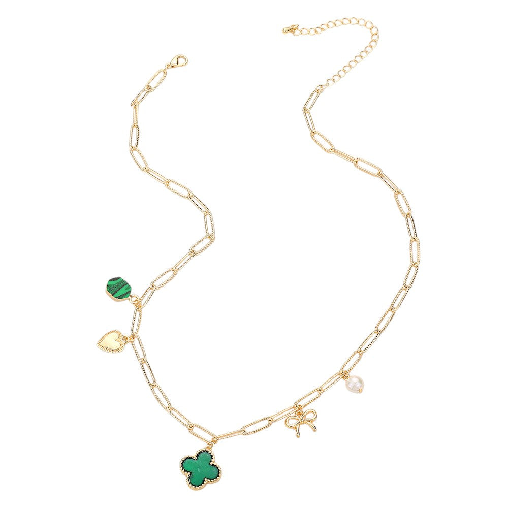 Gold Green Quatrefoil Bow Heart Pearl Charm Station Paperclip Chain Necklace is expertly crafted with a unique design, combining a delicate paperclip chain with charming quatrefoil, bow, and pearl details. Made with high-quality materials, this necklace is elegant and versatile, perfect for any occasion.