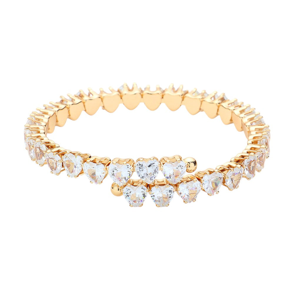 Gold Heart CZ Stone Cluster Adjustable Evening Bracelet adds elegance and glamour to any outfit. With its beautiful heart-shaped CZ stones and adjustable design, it is perfect for any evening affair. Wear with confidence and make a statement with this stunning piece.