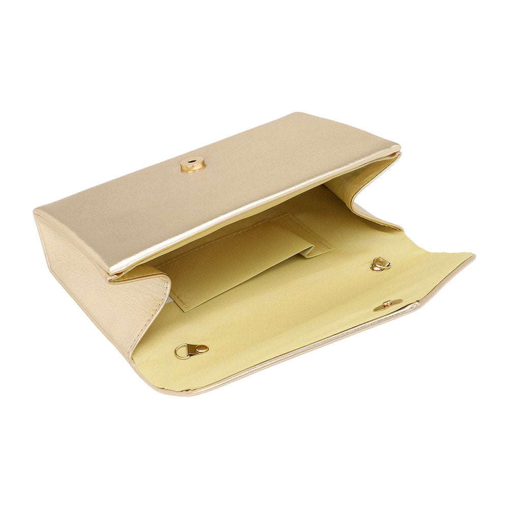 Gold Metallic Envelope Evening Clutch Bag Crossbody Bag is the perfect accessory to elevate any outfit. Made with high-quality materials, its metallic design adds a touch of elegance. Its versatile crossbody style and spacious compartments make it a practical and stylish choice for any occasion.
