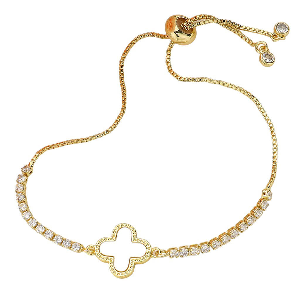 Gold-Mother Of Pearl Quatrefoil Pointed Brass Metal Round CZ Stone Adjustable Pull Tie Bracelet is a stunning piece of jewelry that combines elegance and versatility. Crafted with a beautiful mother of pearl quatrefoil design, it features a brass metal round adorned with sparkling CZ stones.-1
