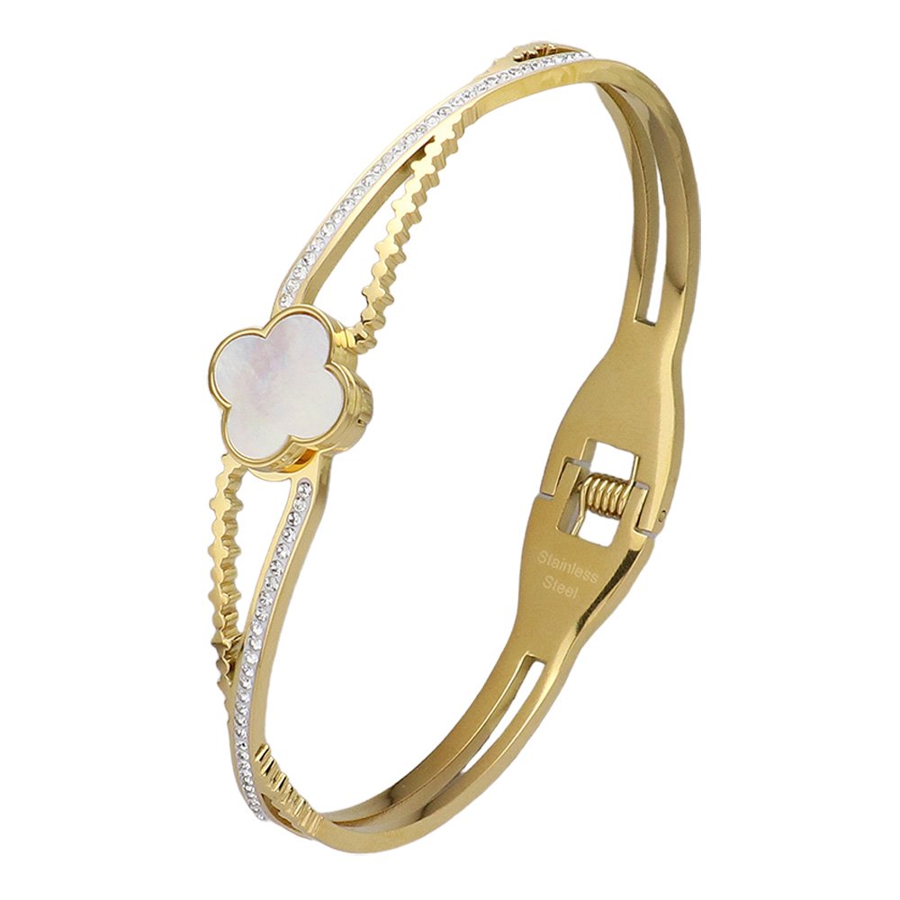 Gold Mother Of Pearl Stone Paved Stainless Steel Hinged Bangle Bracelet adds a touch of elegance to any outfit. The shimmering mother-of-pearl stones are intricately paved on a durable stainless steel hinged bangle, providing both style and durability. Elevate your jewelry collection with this stunning piece.