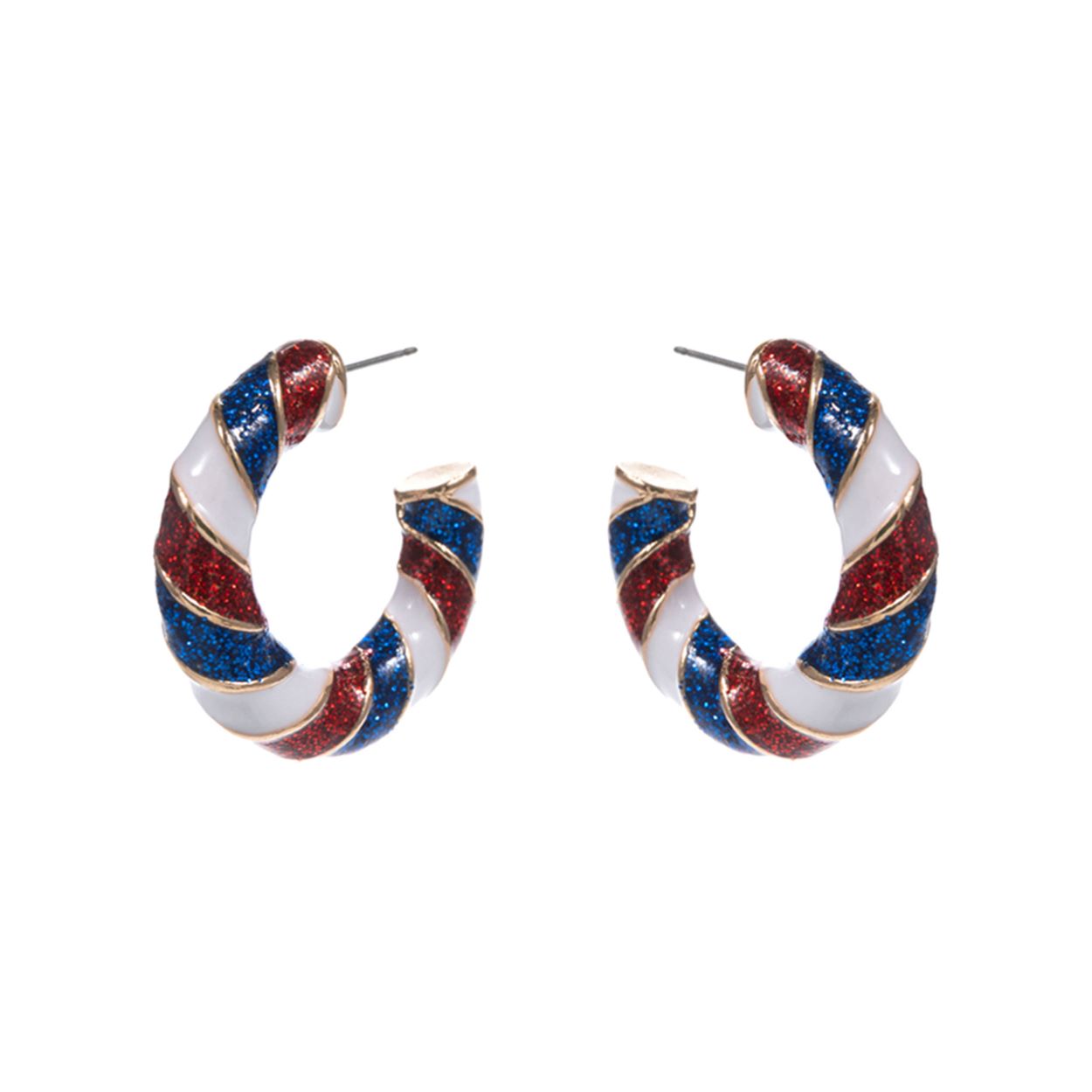 Gold Add a pop of patriotic sparkle with these spiral hoop earrings. Featuring red, white, and blue glitter stripes with gold trim, they're perfect for July 4th, Memorial Day, and festive flair all year round. Lightweight and eye-catching!