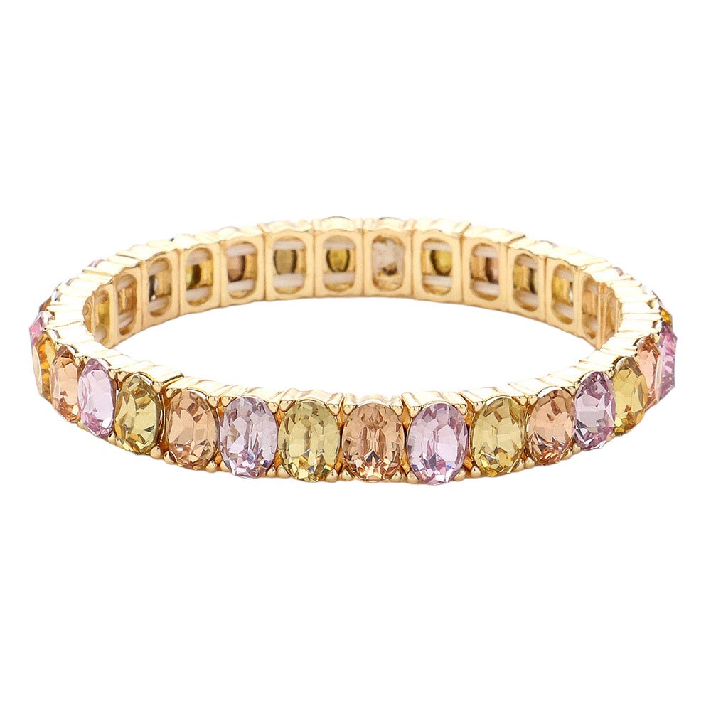 Gold-Peach -Oval Stone Cluster Stretch Evening Bracelet is expertly crafted with a stretch design for easy and comfortable wear. With an elegant and sophisticated look, it features oval-shaped stones that create a dazzling and eye-catching cluster. This bracelet add a touch of glamour to their outfit.