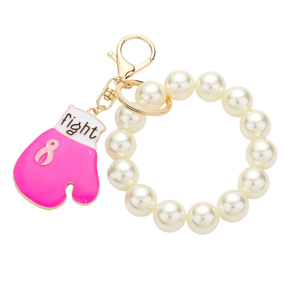 Gold Pink Fight Pink Ribbon Glove Pearl Stretch Keychain Bracelet, keychain bracelets are fun handcrafted jewelry that fits your lifestyle, adding a pop of pretty color. Enhance your attire with this vibrant artisanal bracelet to show off your fun trendsetting style. Great gift idea for your Wife, Mom, or your Loving One.