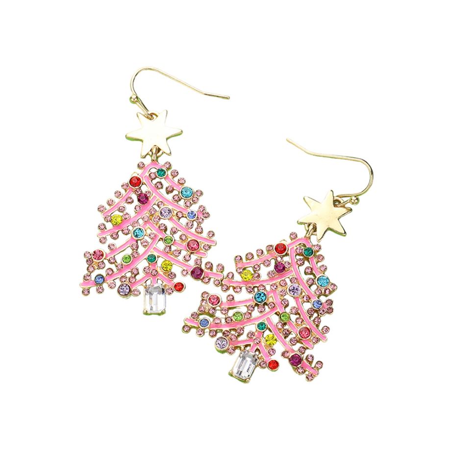 Add sparkle to your holiday look with these rhinestone Christmas tree earrings featuring a star top and festive charm. Perfect for seasonal parties, gifts, or spreading cheer with every outfit.