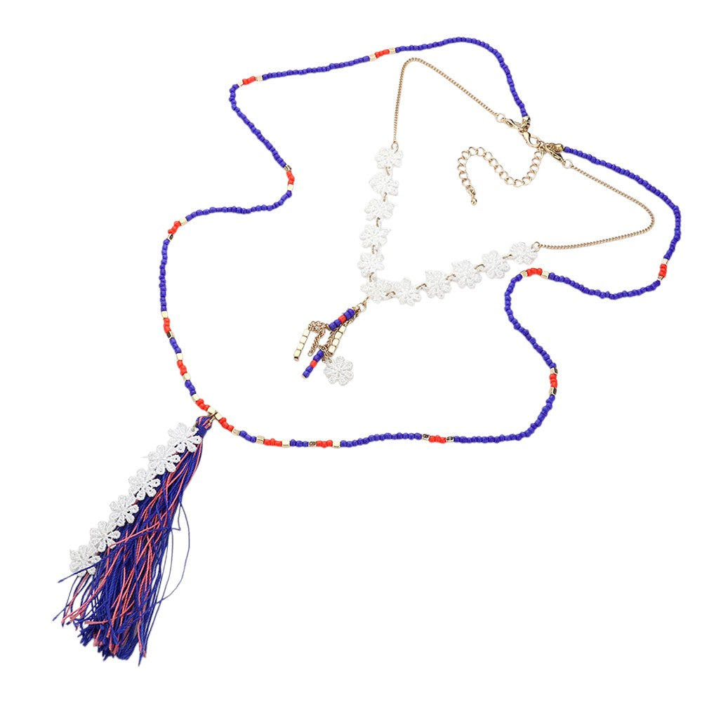 Gold Royal Blue Double-layer flower tassel drop beaded necklace is the perfect accessory to add a touch of elegance to any outfit. With its intricate design and long length, it can easily be dressed up or down for any occasion. The double layers and tassel drop provide a unique touch, making it a must-have for any fashion-forward individual.